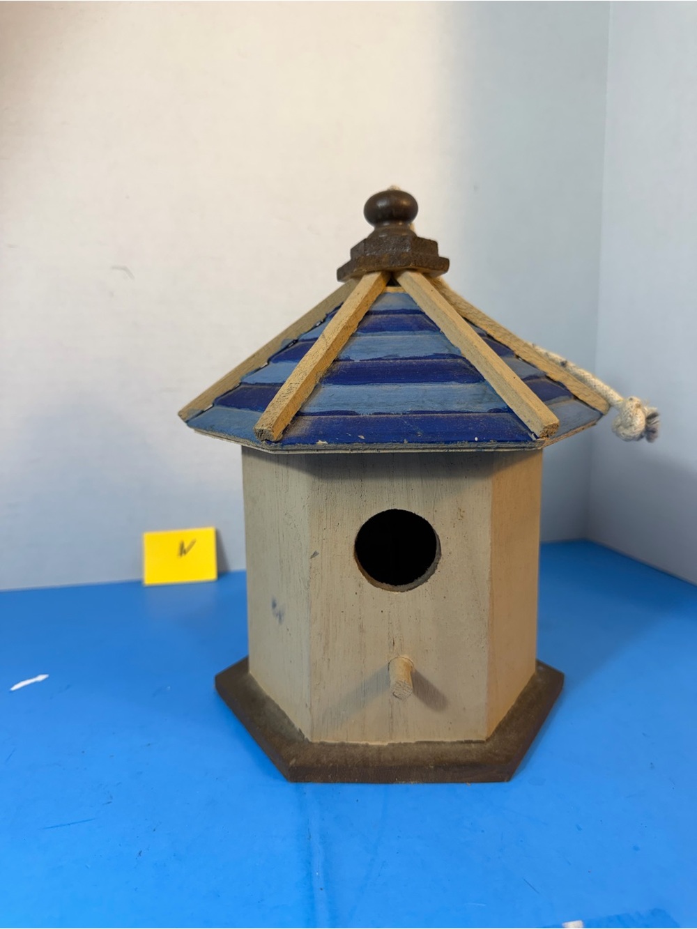 Handcrafted Beige and Blue Wooden Birdhouse - Unbranded
